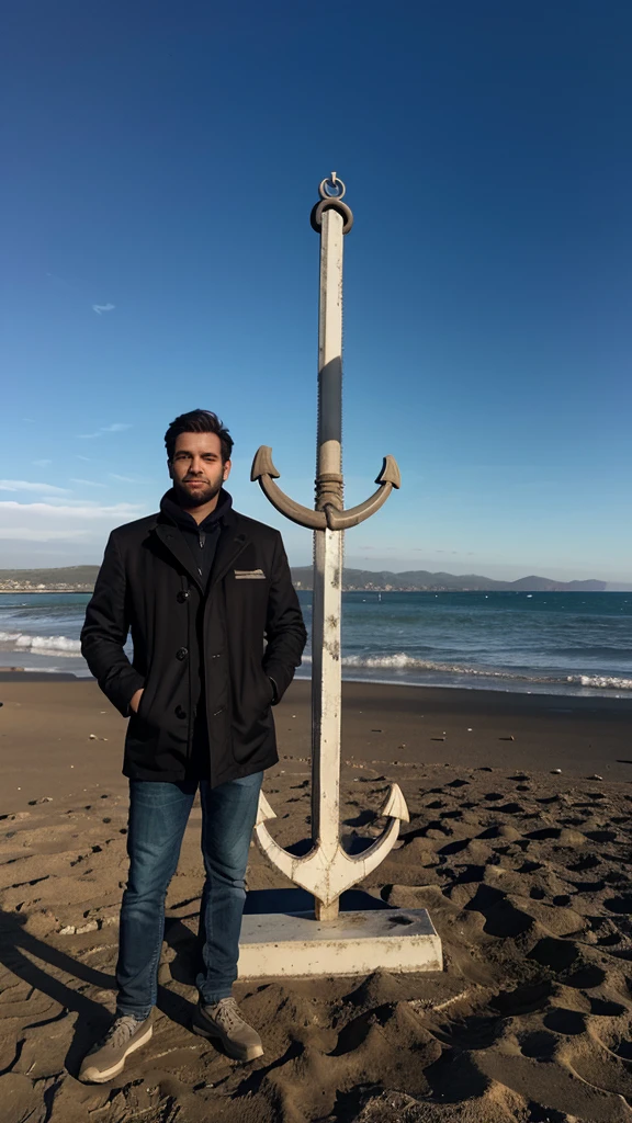 An anchor and a man standing next to it
