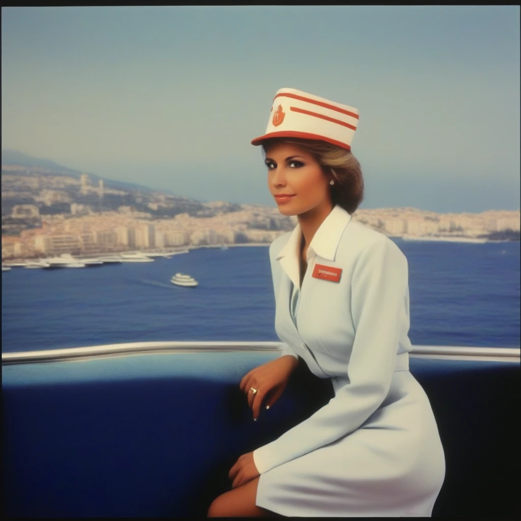 High resolution photography, stewardess, poster of the 80s, (("Monaco" "Istanbul"))