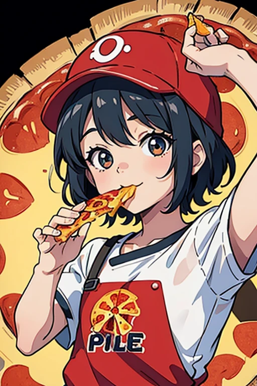 a  happy eating pizza