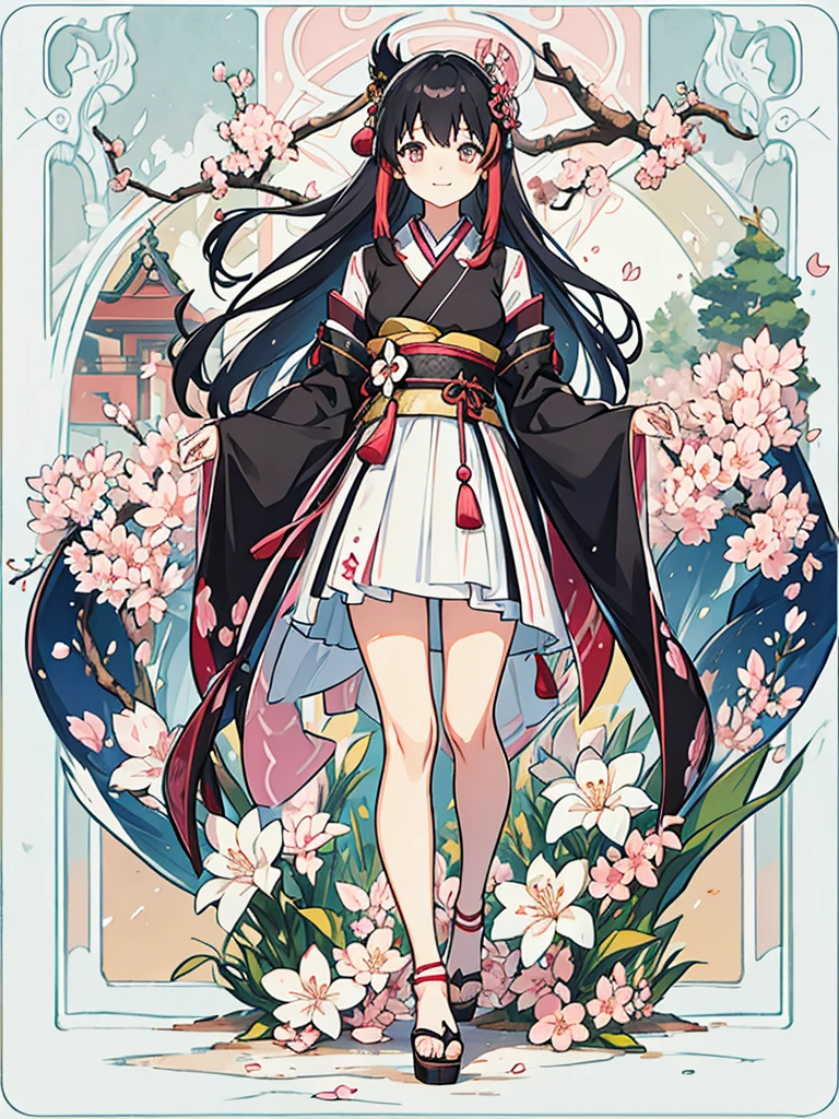 best quality, character design sheet, adult woman、No hat on, Black and pink hair, whole body, Head to Toe, Fortuneteller、Standing facing forward, Beautiful black dress, long Black Hair, whole body, Pure white background, from front, best quality, Standing pose、Cherry blossom pattern、adult、Japanese、Clear eyes、Adult Japanese、Clear eyes、Standing facing forward、The face is facing forward、holding a magic card in hand、White background、Smiling face、Black western dress、Neutral face