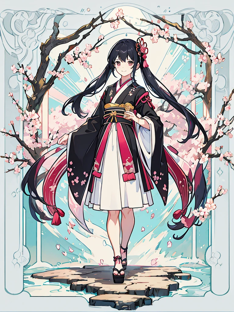 best quality, character design sheet, adult woman、No hat on, Black and pink hair, whole body, Head to Toe, Fortuneteller、Standing facing forward, Beautiful black dress, long Black Hair, whole body, Pure white background, from front, best quality, Standing pose、Cherry blossom pattern、adult、Japanese、Clear eyes、Adult Japanese、Clear eyes、Standing facing forward、The face is facing forward、holding a magic card in hand、White background、Smiling face、Black western dress、Neutral face