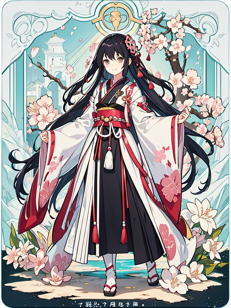 best quality, character design sheet, adult woman、No hat on, Black and pink hair, whole body, Head to Toe, Fortuneteller、Standing facing forward, Beautiful black dress, long Black Hair, whole body, Pure white background, from front, best quality, Standing pose、Cherry blossom pattern、adult、Japanese、Clear eyes、Adult Japanese、Clear eyes、Standing facing forward、The face is facing forward、holding a magic card in hand、White background、Smiling face、Black western dress、Neutral face