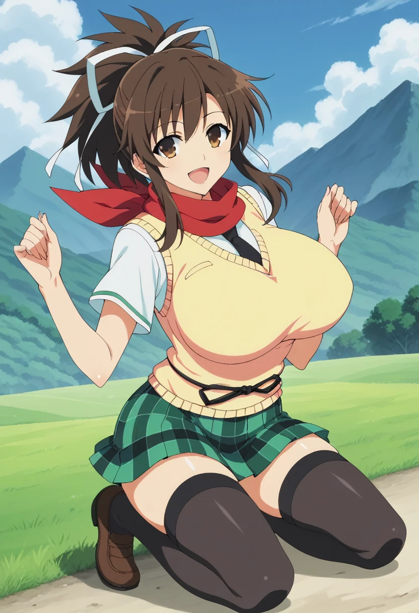 score_9, score_8_up, score_7_up, score_6_up, score_5_up, score_4_up, source_anime, best quality, masterpiece, rating_explicit, uncensored, anime screencap, megami magazine, BREAK, 10S, Asuka_XL, brown eyes, brown hair, ponytail, white ribbon, red scarf, large breasts, BREAK, asuka_shinobi_outfit, sweater vest, black thighhighs, necktie, plaid skirt, smile, huge breasts, open mouth, mountain