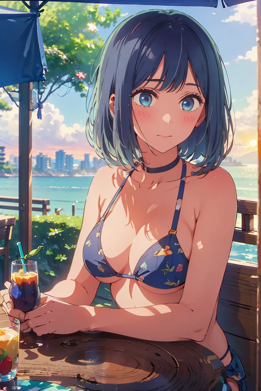 (Highest quality:1.4、masterpiece:1.4、Super detailed:1.4、8K:1.4)、F cup bust、Big Breasts、Slim body、((((1 person、sit、In the background are the urban buildings of Tokyo、looking at the camera、Outdoor café terrace、coastal、Navy hair color、juice、table、Sunset Beach、sunset、Very cute face))))、((((bikini))))、Big eyes、((((Shallow depth of field))))、(Holding a glass:1.1)