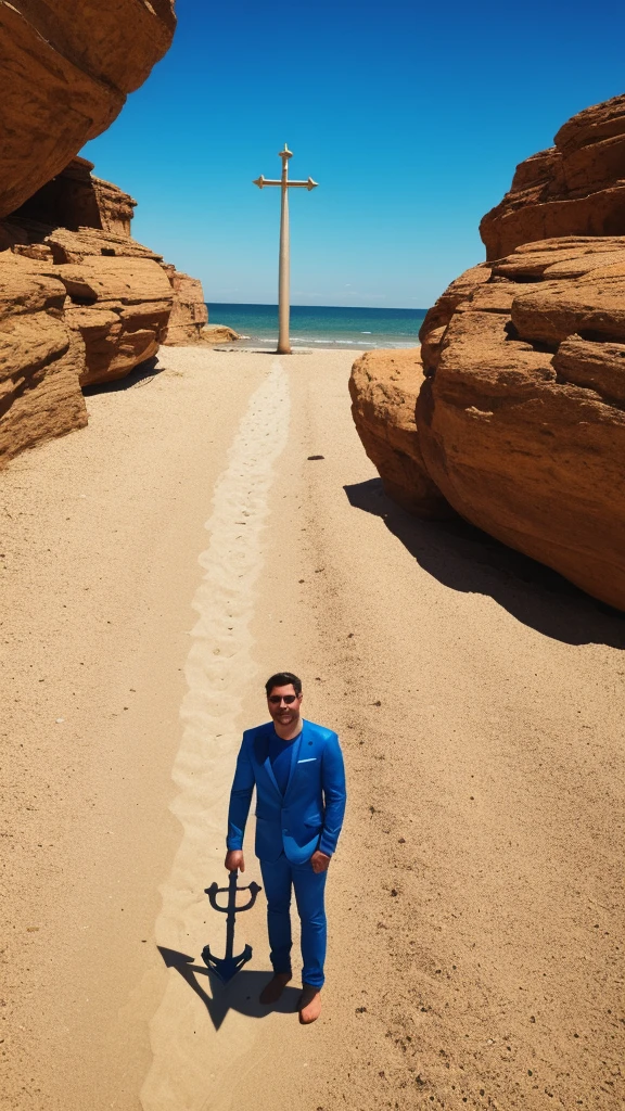 An anchor and a man standing next to it