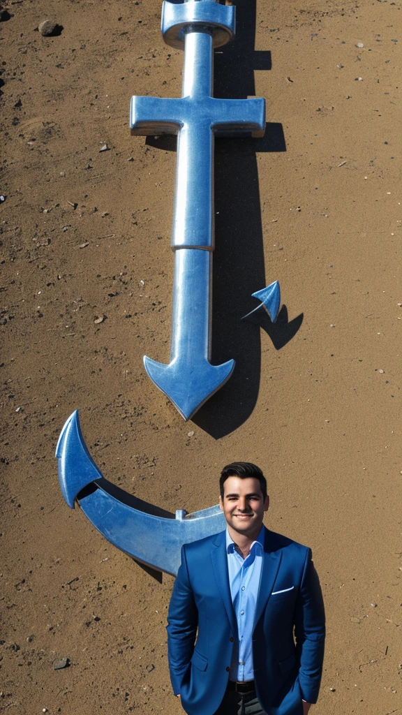 An anchor and a man standing next to it 