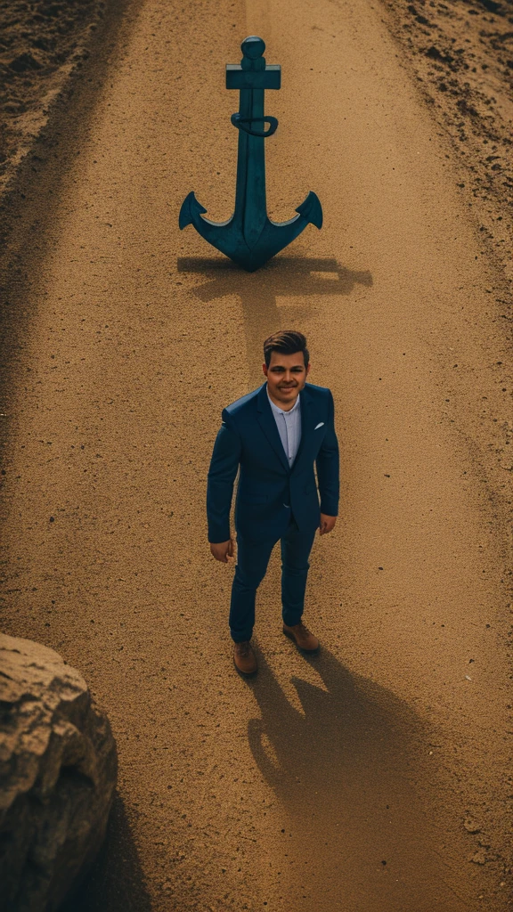 An anchor and a man standing next to it 