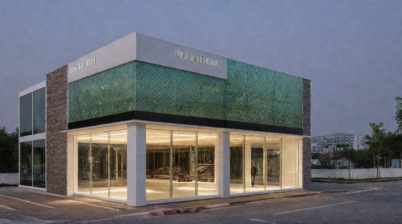 exterior scene, auto showroom, night light, black and red tone, Create an outdoor scene featuring a luxurious car showroom. The building should have large glass windows and a facade covered with elegant CNC perforated panels, reminiscent of a high-end Gucci store. The panels and glass should reflect the magical glow of spotlights. It's evening, and warm yellow light emanates from inside the showroom, which is filled with stylish cars on display. The sky is clear blue, with the glass panels reflecting its colors. The street view includes wide sidewalks with clusters of green trees and bustling pedestrians. Ensure the composition highlights the primary and secondary focal points perfectly (CNC-cut metal panels, gucci shop style)
