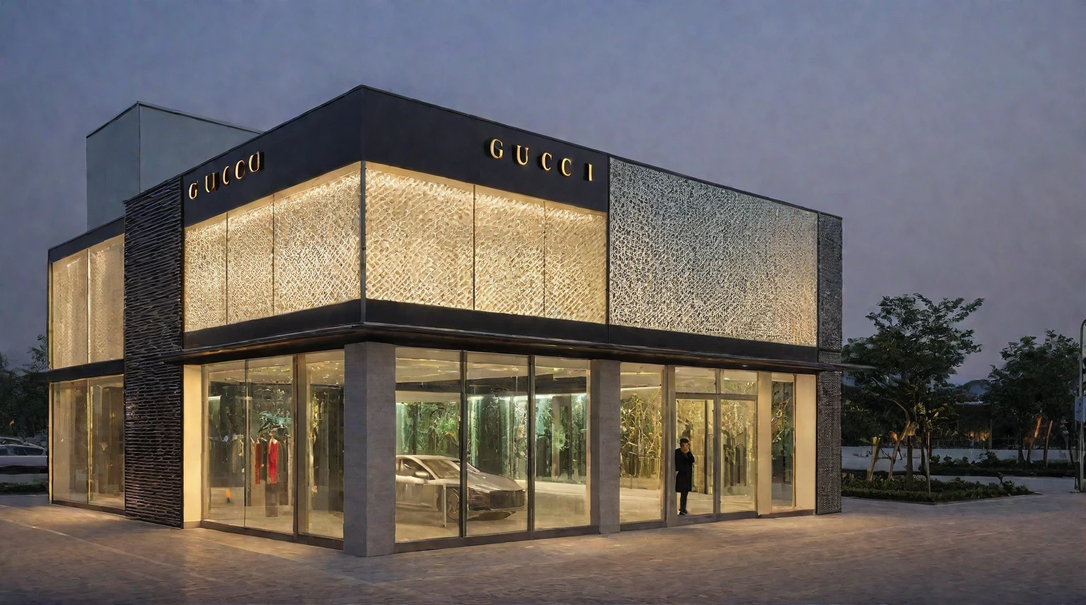 exterior scene, auto showroom, night light, black and red tone, Create an outdoor scene featuring a luxurious car showroom. The building should have large glass windows and a facade covered with elegant CNC perforated panels, reminiscent of a high-end Gucci store. The panels and glass should reflect the magical glow of spotlights. It's evening, and warm yellow light emanates from inside the showroom, which is filled with stylish cars on display. The sky is clear blue, with the glass panels reflecting its colors. The street view includes wide sidewalks with clusters of green trees and bustling pedestrians. Ensure the composition highlights the primary and secondary focal points perfectly (CNC-cut metal panels, gucci shop style)
