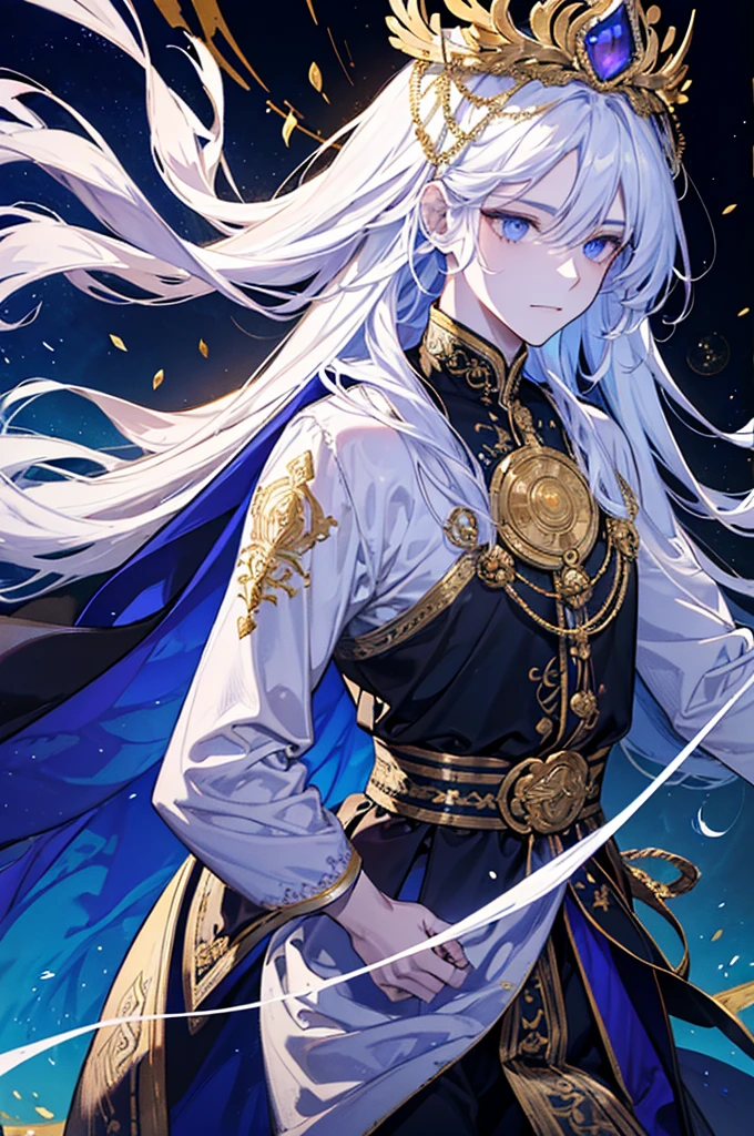 Create a highly detailed and majestic image of A Deity, God, White hair, White Eyes, White Pupil, the supreme ruler of the deities. He should be depicted as a powerful, radiant figure exuding an aura of divine authority. Indra has a tall, imposing stature with a commanding presence. His skin glows with an ethereal light, and his eyes are luminous, reflecting ancient wisdom and immense power.
He wears a magnificent, golden crown adorned with intricate celestial patterns and glowing jewels. His long, flowing hair is dark and seems to shimmer with light. Indra's attire is elaborate, consisting of flowing robes made of shimmering, otherworldly fabric that looks like it's woven from pure light. The robes are decorated with celestial symbols and intricate designs that signify his supreme status.
In his hand, Indra holds a glowing staff or scepter that radiates a brilliant light, symbolizing his control over cosmic forces. Surrounding him is a celestial backdrop featuring swirling galaxies, twinkling, 8K high quality, ultra defined, masterpiece, Golden Armor, Man, Strong, Celestial being, ultra high quality, masterpiece