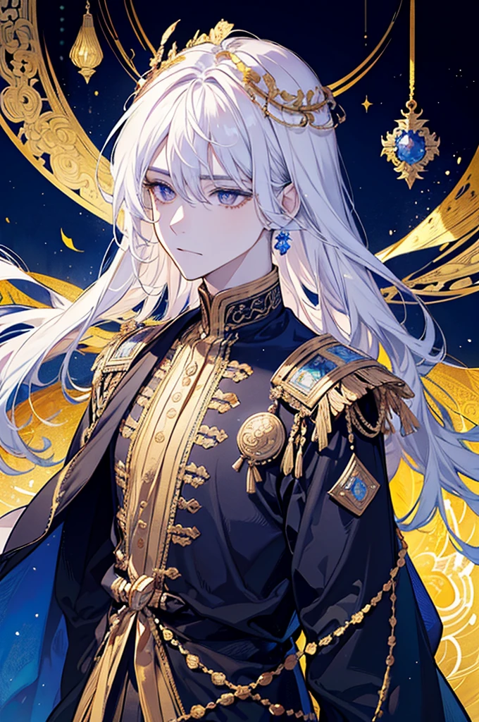 Create a highly detailed and majestic image of A Deity, God, White hair, White Eyes, White Pupil, the supreme ruler of the deities. He should be depicted as a powerful, radiant figure exuding an aura of divine authority. Indra has a tall, imposing stature with a commanding presence. His skin glows with an ethereal light, and his eyes are luminous, reflecting ancient wisdom and immense power.
He wears a magnificent, golden crown adorned with intricate celestial patterns and glowing jewels. His long, flowing hair is dark and seems to shimmer with light. Indra's attire is elaborate, consisting of flowing robes made of shimmering, otherworldly fabric that looks like it's woven from pure light. The robes are decorated with celestial symbols and intricate designs that signify his supreme status.
In his hand, Indra holds a glowing staff or scepter that radiates a brilliant light, symbolizing his control over cosmic forces. Surrounding him is a celestial backdrop featuring swirling galaxies, twinkling, 8K high quality, ultra defined, masterpiece, Golden Armor, Man, Strong, Celestial being, ultra high quality, masterpiece
