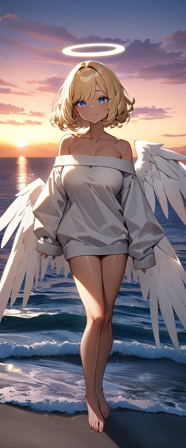 (((One girl))), full body, ((tanned skin)), flying in the sky, ((angel, big big white wings:1.2, halo:1.3)), ((wavy hair)), evening, Sunset, sea, beach, ((blond hair, bob cut:1.3)), big breasts, teenager, (looking at viewer), oversized clothes, puffy long sleeves, collarbone, ((off-shoulder sweater dress:1.3, Quite thick shoulder straps)), (((sleeves past wrists:1.3))), ((white sweater)), collarbone, head tilt:1.3, (((blue eye))), ((happy smile)), (((anime style))), (best quality, 4K, 8K, highres, masterpiece:1.2, ultra-detailed, ultra-detailed eyes, HDR, uhd, studio lighting, ultra-fine painting, sharp focus, physically-based rendering, extreme detail description, professional, vivid colors, bokeh), ((Highest quality, Best image quality, Ultra-high resolution, Ultra-high resolution, solo, Strong eye highlights)), Depth of written boundary, Natural soft light, attractive, Beautiful Face, Cleanliness, Pure Face, medium chest, Beautiful Face, Perfect Fingers, Perfect hands, Perfect body, Perfect Face, Shine a light into your eyes, Perfect Anatomy