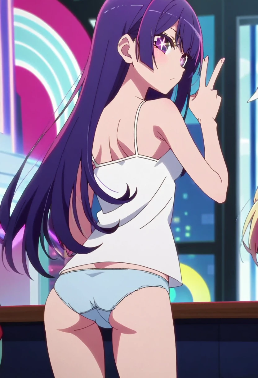 (score_9_up, score_8_up, score_7_up), (masterpiece, best quality, ultra detailed, intricate details, source アニメ, high resolution, smooth lines), hoshino ai, 1girl, 独奏, Purple Hair, Purple eyes, Long Hair, (star-shaped pupils:1.2), looking at viewer, アニメ, peace fingers, medium breasts, Camisole, panties, アニメ screencap, (back view) thighs, shapely buttocks