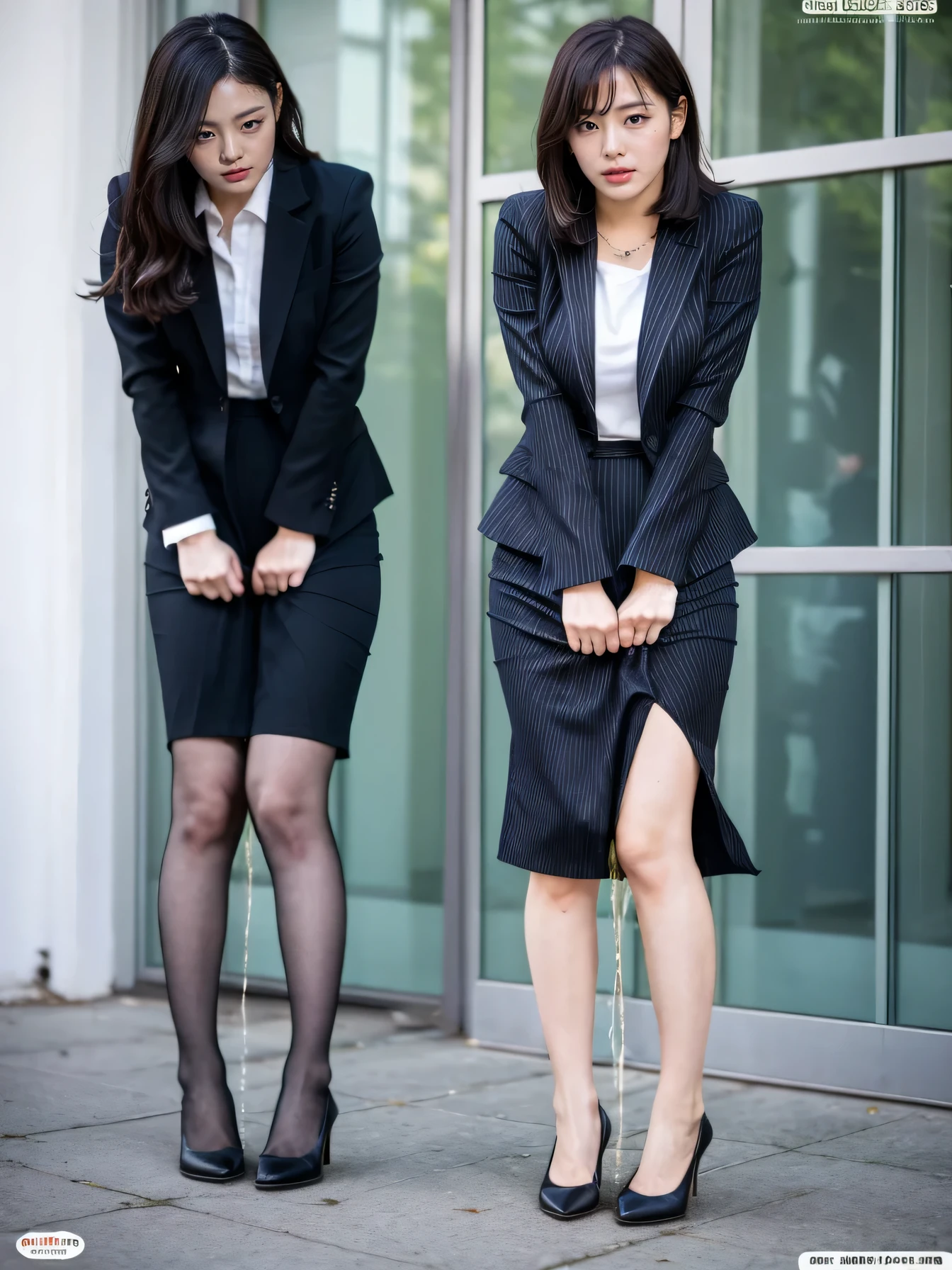 (Tabletop,high quality,16K:1.1),(Depth of written boundary:1.3) ,((Front body:1.35)),Japanese ,woman, ((suit, Black vertical striped pencil skirt )), tights,Huge breasts, Sensual, chic, Curvy,(View your viewers:1.3),(Full Body Shot:1.2),(Beautiful morning view of the city:1.2),Peeing on your own, Wet clothes, A face that can't stand peeing, Desperately getting wet, Pee despair pose, Her body can't hold the pee、I desperately pee in the middle of the toilet。, Pee running down her legs, stand up, Hyper pee desperate face, Big Piss Puddle