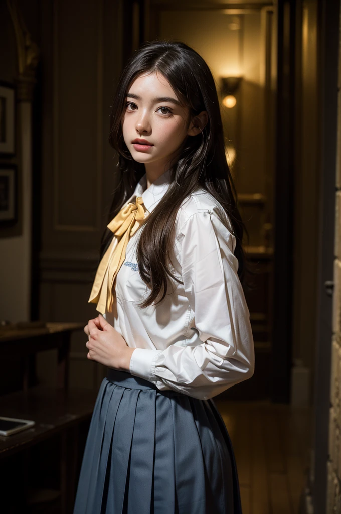 absurdres, RAW photo, extremely delicate and beautiful, masterpiece, Best Quality, ultra high resolution, 32k, hyperrealistic, ultra-detailed, perfect figure, in her 20s, very small head, very small face, delicate facial features, tearful mole, earring, very huge breasts, ((full body shot)), medium hair, black hair, ((school_uniform)), short skirt,