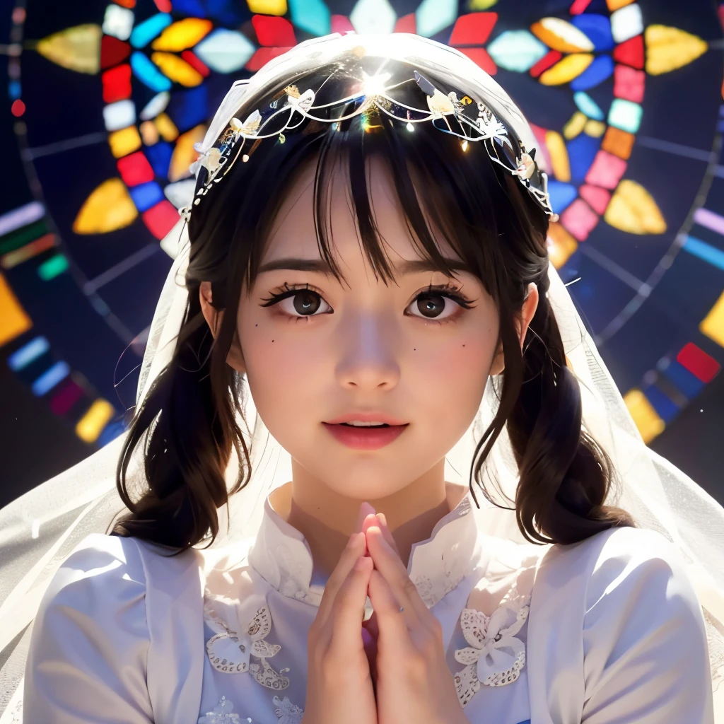 WHITE and RED, (Masterpiece TopQuality aesthetic Mystic:1.2), ExtremelyDetailed a KAWAII Bride (CloseUp from below:1.4) Radiant PearlSkin with Transparency (Acutance:0.8), (((Detailed NOGIZAKA FaceVariations))), Childish CaptivatingGaze ElaboratePupils with (SparklingHighlights:1.28), DoubleEyelids with (Voluminous LongEyelashes:0.88), Small GlossyRedLips with BeautifulDetails, PUNIPUNI RosyCheeks, Glowing DowneyHair . { (Dynamic Joyful expressions LifeLike Rendering:1.4) | (:d) }  BREAK Background is Filled with Dazzling Blurred StainedGlass (BokeH:1.4) ExtremelyDetailed Elaborate Stained Glass Art, Colored Glass, Lead Line, Light transmission Bright colors, intricate designs, luminous effect, Spiritual atmosphere . {HiddenHand|Corrected BabyLikeHand} (FacingAway)