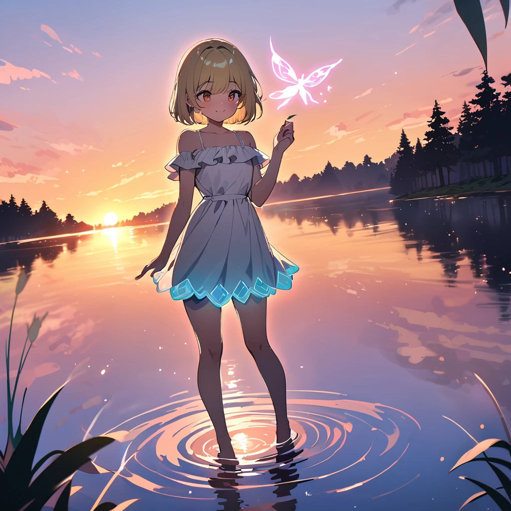 (masterpiece:1.5), best quality, very aesthetic, absurdres, 1girl, high school girl, female, , long straight hair, blonde hair, glowing in sunset light, gentle and surprised smile, white dress, standing by the lake, looking at her reflection in the water, one hand raised slightly, fairy on her palm, 1 fairy, small and cute, short hair, glowing silver hair, smiling, leaf-like outfit, standing on girl's palm, mystical forest, small lake, summer evening, soft sunset light, dark green trees, sunset sky, lake reflecting sunset, magical atmosphere, sharp focus on subjects, vivid colors, anime style, soft light and shadows
