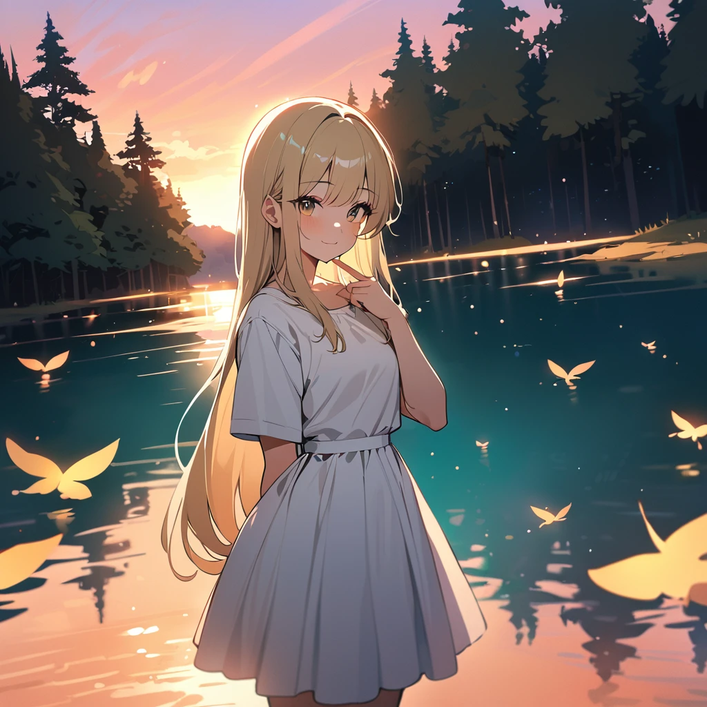 (masterpiece:1.5), best quality, very aesthetic, absurdres, 1girl, high school girl, female, 17 years old, long straight hair, blonde hair, glowing in sunset light, gentle and surprised smile, white dress, standing by the lake, looking at her reflection in the water, one hand raised slightly, fairy on her palm, 1 fairy, small and cute, short hair, glowing silver hair, smiling, leaf-like outfit, standing on girl's palm, mystical forest, small lake, summer evening, soft sunset light, dark green trees, sunset sky, lake reflecting sunset, magical atmosphere, sharp focus on subjects, vivid colors, anime style, soft light and shadows
