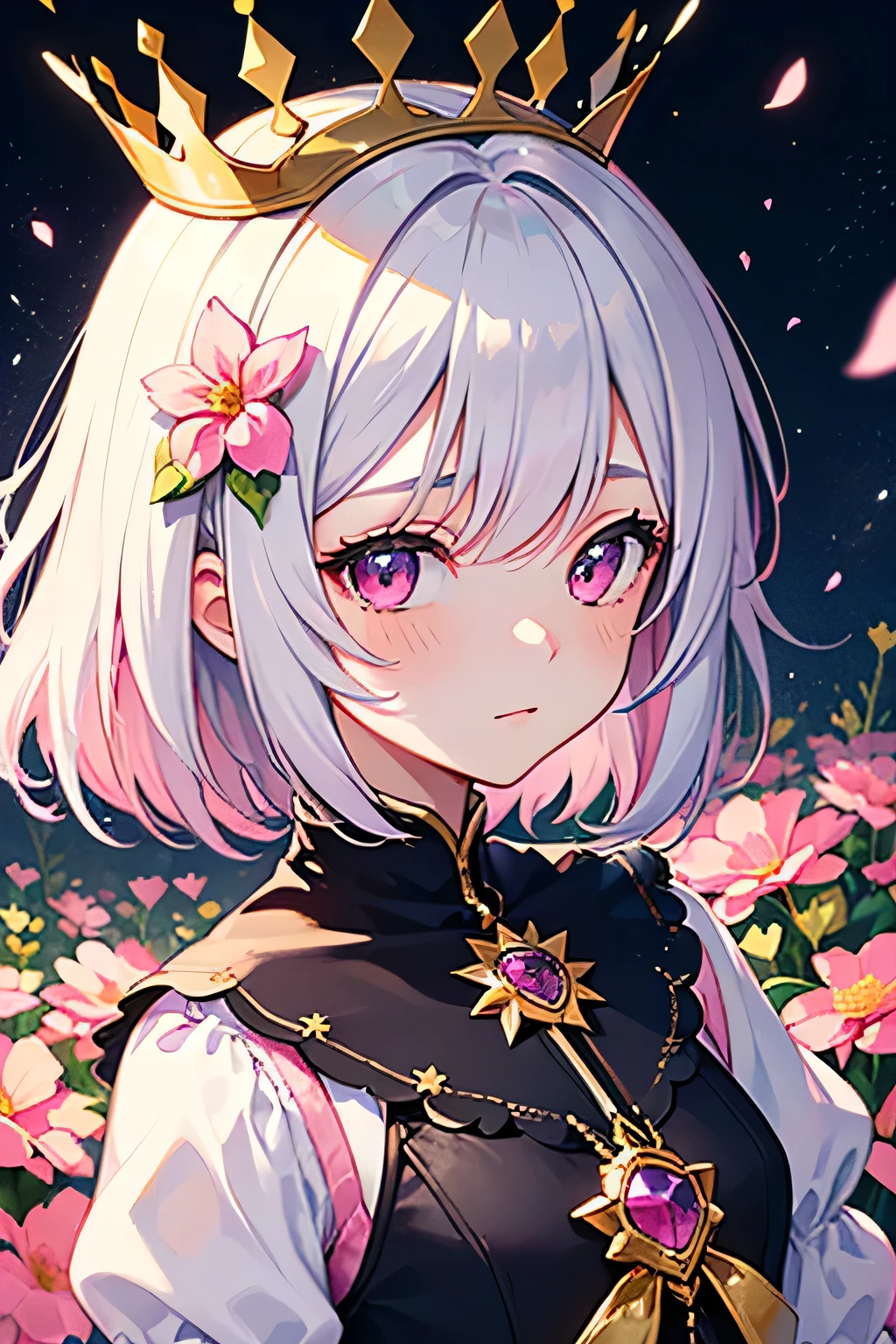 (((Best quality))), (((Ultra detailed))), 1 girl, ((((vivid)))),(((beautiful detailed hair, medium hair, silver pink hair, pink mesh))), (((pale pink eyes))), (((crown, small, pretty, gold))), ((wand, The tip of the wand is a heart, Heart is pink)), viewing from above:1, (blush), flower field, beautiful detailed flowers, colorful flowers, ((fireflies, sunshine, particles)), starrystarscloudcolorful