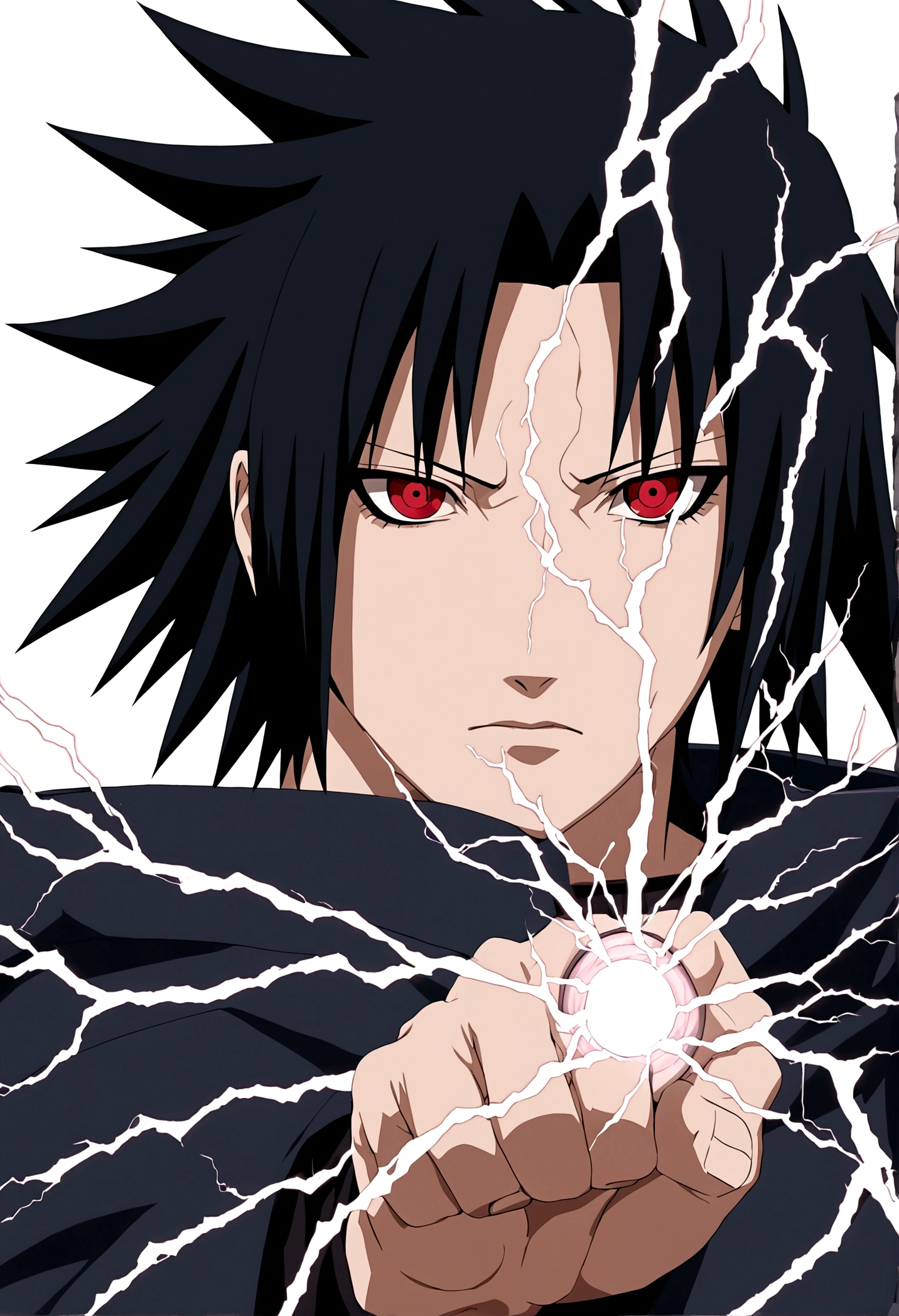 sasuke uchiha, lightning in hand, ready to fight, upper body, sharingan in eyes, uchiha clan, no background