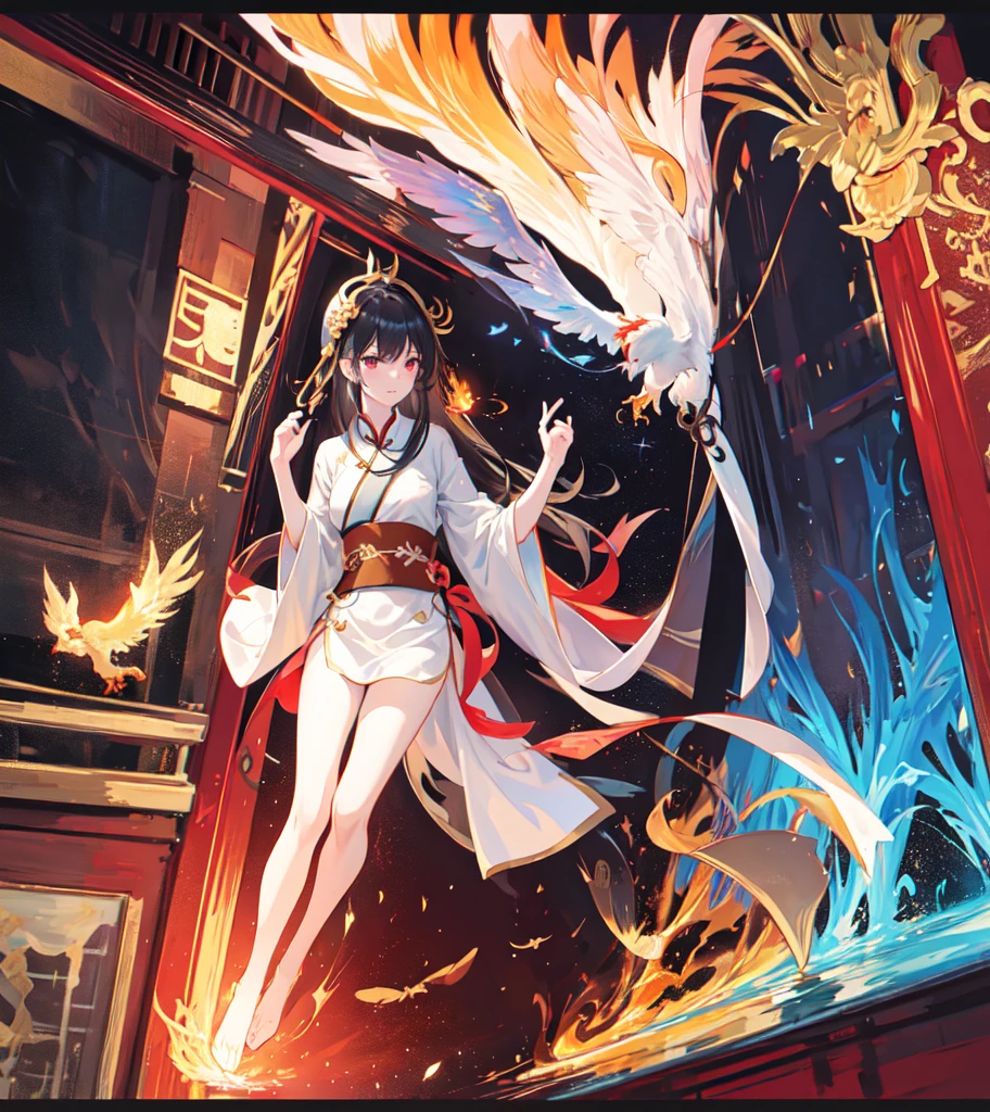 A beautiful Chinese girl standing on the water, misty reflection, a huge phoenix divine bird in the sky, magic, fantasy, dynamic posture, composed of colorful glowing flames, delicate face, delicate eyes, long black and golden hair, wearing amber and sky blue Hanfu, delicate and intricate patterns, ink painting, golden bronzing, epic composition, soft shadows, Clean sharp focus, cinematography, center composition, poster design, masterpiece, exthera aura, film photography, Panorama, 32K --v 6