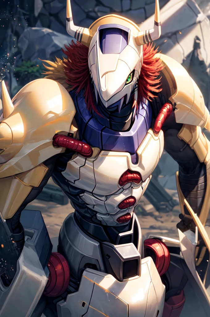 Masterpieces,official art,anthro,male,(wargreymon:1.2),Delicate face,Delicate eyes,helmet, armor, horn, digimon, upper body, depth of field, perfect lighting, light particles,(best quality),(masterpiece),(ultra detailed),sharp focus,light particles 