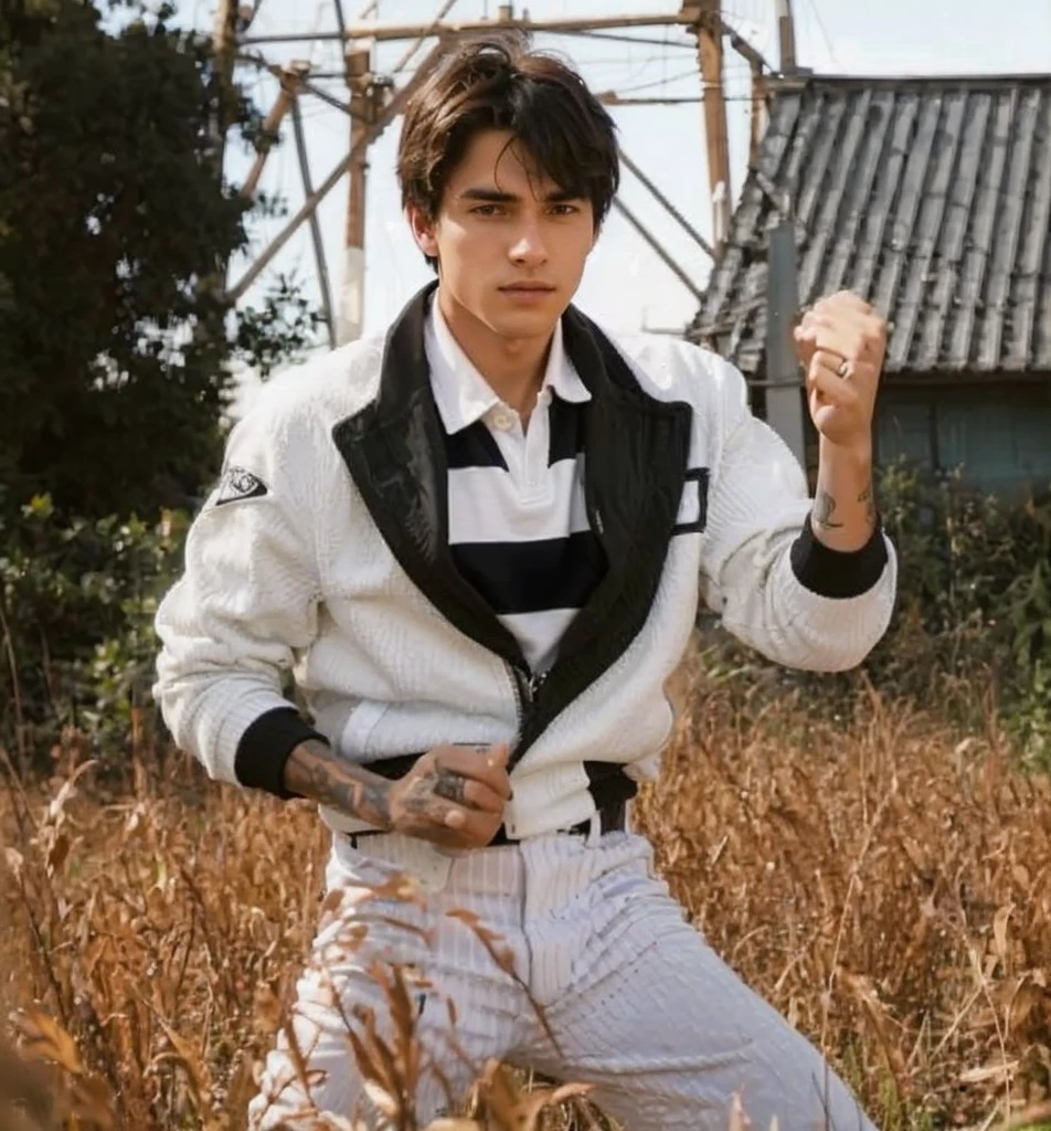The image shows a young man in a black and white striped jacket holding a baseball glove and ready to catch a ball.