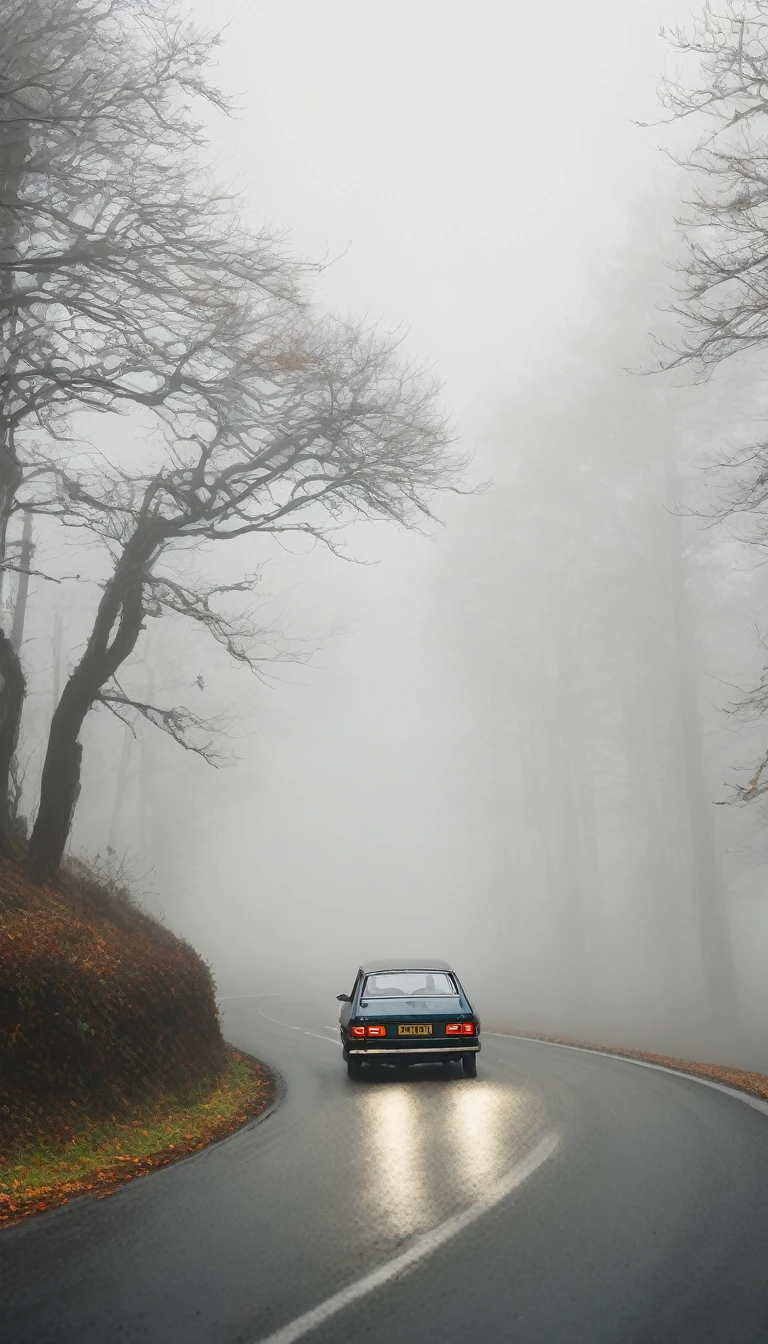 A car moving slowly on a winding road, surrounded by fog.