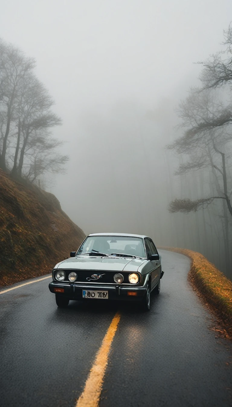 A car moving slowly on a winding road, surrounded by fog.