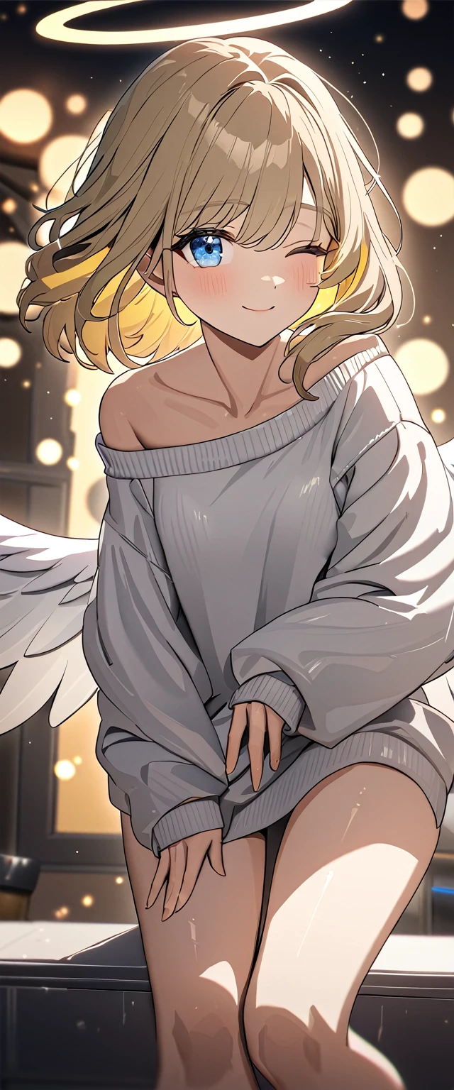 ((angel, big big white wings:1.3, halo:1.3)), (((full body))), ((flying)), Uriel, ((wavy hair, outward curled hair)), evening, Sunset, ((blond hair, bob cut:1.3)), breasts, teenager, (looking at viewer), oversized clothes, puffy long sleeves, collarbone, ((off-shoulder sweater dress:1.3, Quite thick shoulder straps)), (((sleeves past wrists:1.3))), ((white sweater)), collarbone, head tilt:1.3, (((blue eyes))), ((happy smile)), (((anime style))), (best quality, 4K, 8K, highres, masterpiece:1.2, ultra-detailed, ultra-detailed eyes, HDR, uhd, studio lighting, ultra-fine painting, sharp focus, physically-based rendering, extreme detail description, professional, vivid colors, bokeh), ((Highest quality, Best image quality, Ultra-high resolution, Ultra-high resolution, solo, Strong eye highlights)), Depth of written boundary, Natural soft light, attractive, Beautiful Face, Cleanliness, Pure Face, medium chest, Beautiful Face, Perfect Fingers, Perfect hands, Perfect body, Perfect Face, Shine a light into your eyes, Perfect Anatomy