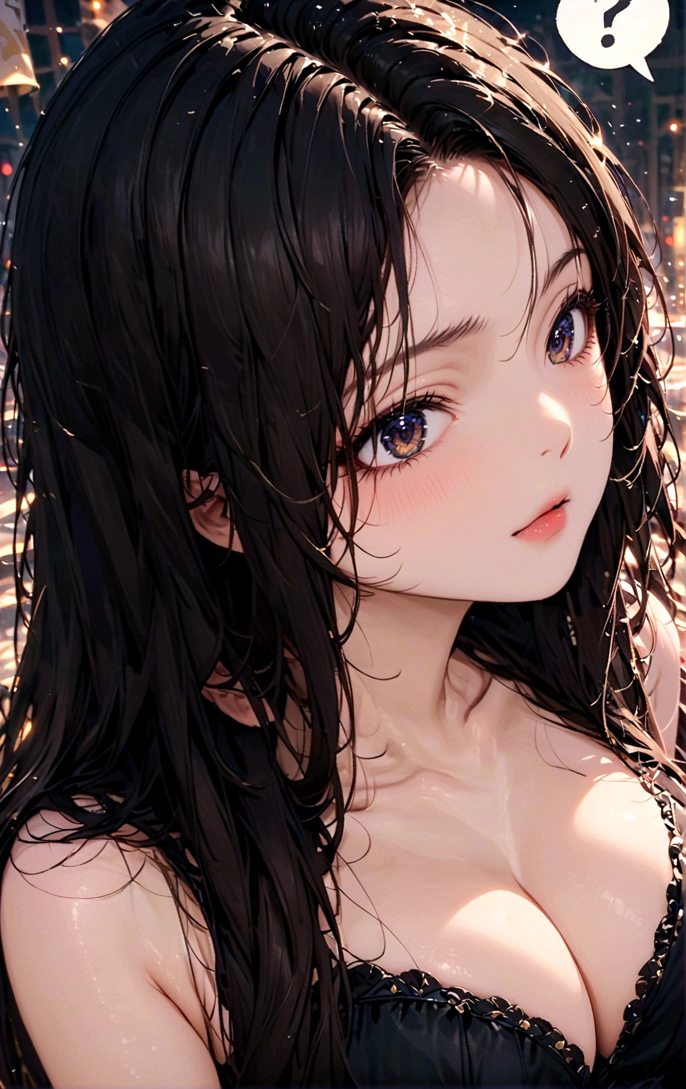 dress,Long hair,Black Hair,beauty,((question mark)),doubt,Sexy