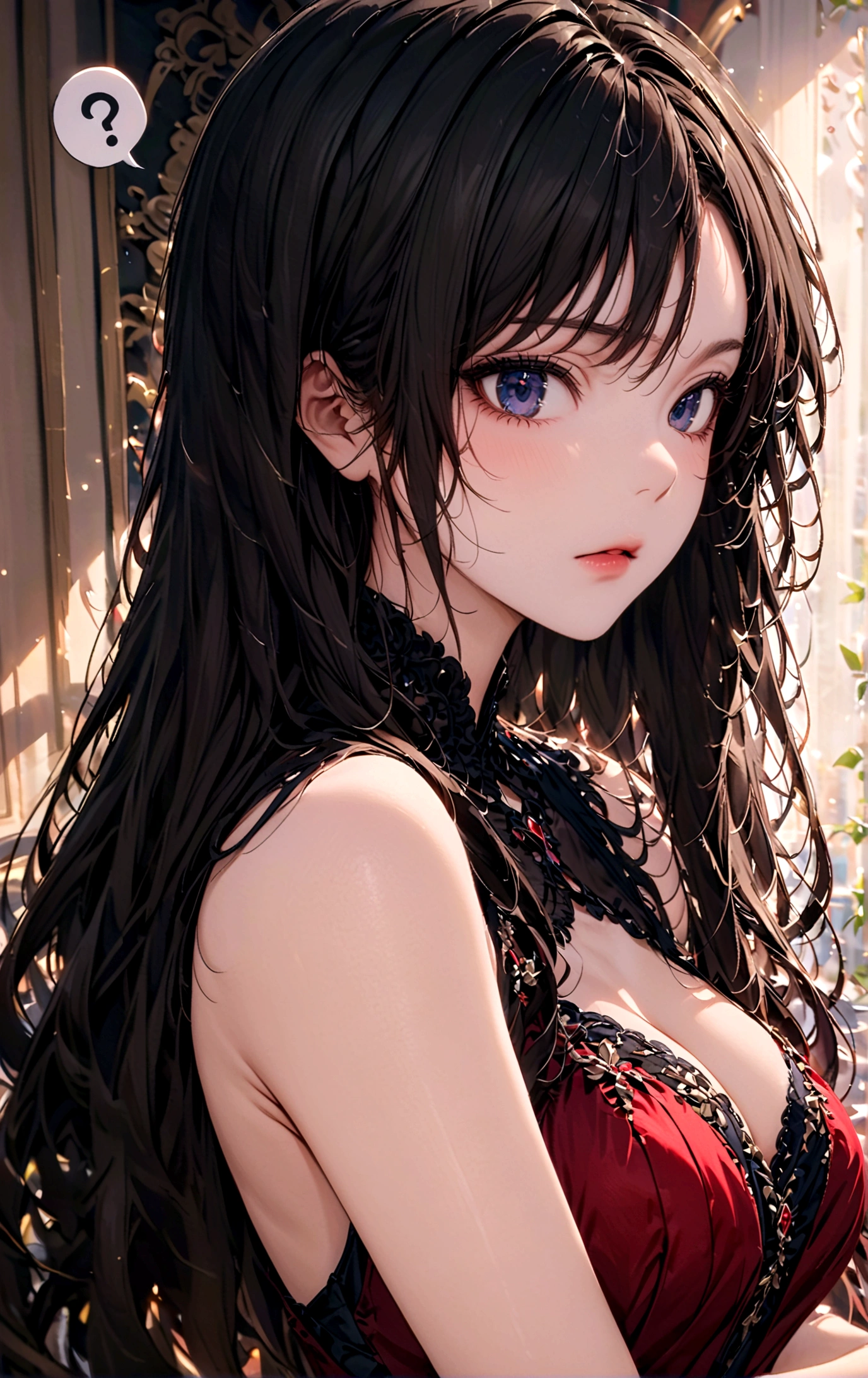 dress,Long hair,Black Hair,beauty,((question mark)),doubt,Sexy