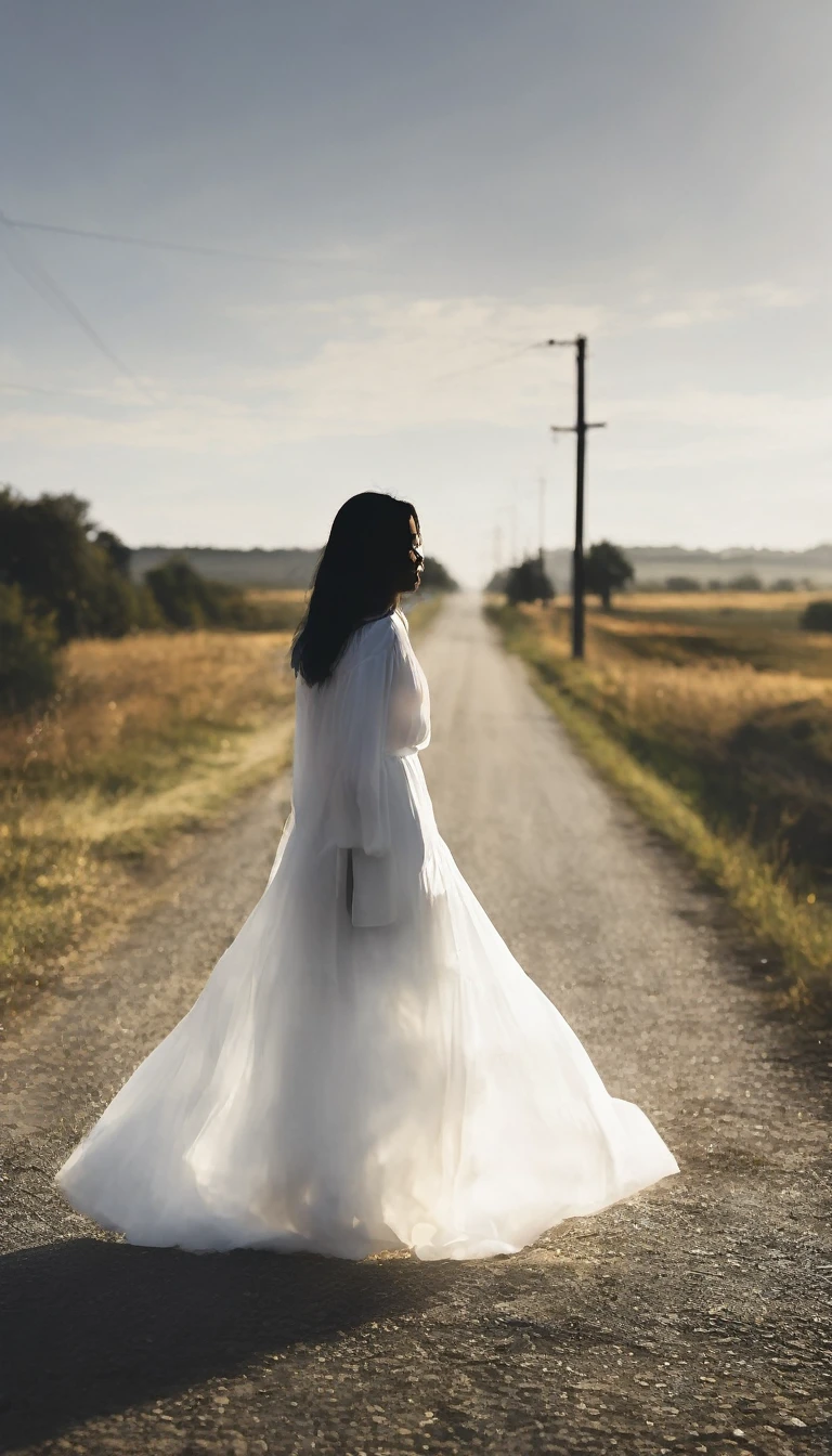 The blurred silhouette of a woman in a white dress appears on the side of the road.