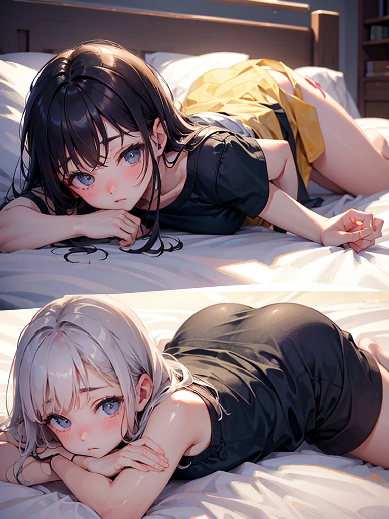 bed、Lying down、Backwards、((Push up your ass))、Big butt、Embarrassed face、((1 person))、(night)