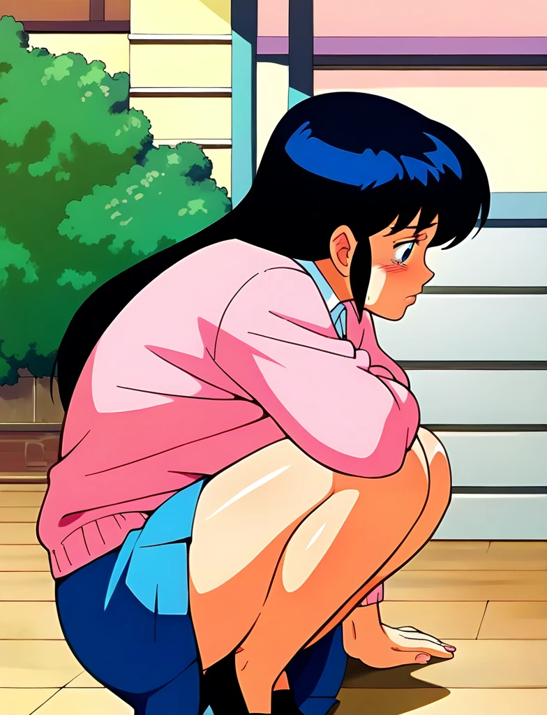 kyoko,score_9,score_8_upper,score_7_upper,sauce_アニメ,One girl,alone,View your viewers,Wooden school building,Pink Sweater,White collared shirt,length_skirt,blue skirt,Spread your legs,Dew panties,squat,Sad face,:d,arms_behind_return,urination、