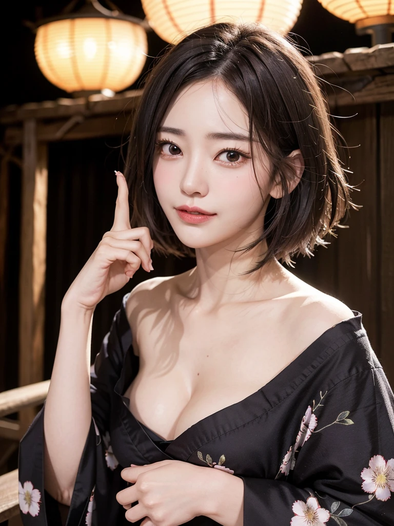 1, Realistic, raw, masutepiece, 8K Photorealistic, A dark-haired, wind blown hair, Black kimono, Big Breast, Detailed finger, Detailed face, Natural Skin Texture, Standing, Night, Lantern background、A smile、short-hair、Standing like a model、Facing the front、Loose and fluffy hair、Perm hair、Emphasize cleavage、Floral costume、sexy facial expression、sexy  pose、Eroi, 16k, japanese idol, realistic