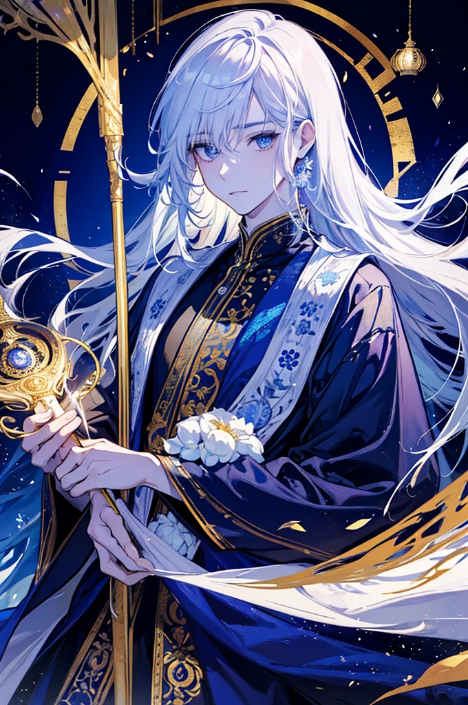 Man, Boy, Boy in late 20s, Man, BOY Create a highly detailed and majestic image of A Deity, God, White hair, White Eyes, White Pupil, the supreme ruler of the deities. He should be depicted as a powerful, radiant figure exuding an aura of divine authority. Indra has a tall, imposing stature with a commanding presence. His skin glows with an ethereal light, and his eyes are luminous, reflecting ancient wisdom and immense power. He wears a magnificent, golden crown adorned with intricate celestial patterns and glowing jewels. His long, flowing hair is dark and seems to shimmer with light. Indra's attire is elaborate, consisting of flowing robes made of shimmering, otherworldly fabric that looks like it's woven from pure light. The robes are decorated with celestial symbols and intricate designs that signify his supreme status. In his hand, Indra holds a glowing staff or scepter that radiates a brilliant light, symbolizing his control over cosmic forces. Surrounding him is a celestial backdrop featuring swirling galaxies, twinkling, 8K high quality, ultra defined, masterpiece, Golden Armor, Man, Strong, Celestial being, ultra high quality, masterpiece