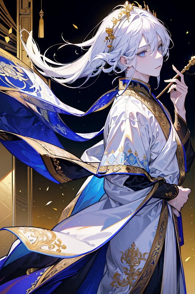 Man, Boy, Boy in late 20s, Man, BOY Create a highly detailed and majestic image of A Deity, God, White hair, White Eyes, White Pupil, the supreme ruler of the deities. He should be depicted as a powerful, radiant figure exuding an aura of divine authority. Indra has a tall, imposing stature with a commanding presence. His skin glows with an ethereal light, and his eyes are luminous, reflecting ancient wisdom and immense power. He wears a magnificent, golden crown adorned with intricate celestial patterns and glowing jewels. His long, flowing hair is dark and seems to shimmer with light. Indra's attire is elaborate, consisting of flowing robes made of shimmering, otherworldly fabric that looks like it's woven from pure light. The robes are decorated with celestial symbols and intricate designs that signify his supreme status. In his hand, Indra holds a glowing staff or scepter that radiates a brilliant light, symbolizing his control over cosmic forces. Surrounding him is a celestial backdrop featuring swirling galaxies, twinkling, 8K high quality, ultra defined, masterpiece, Golden Armor, Man, Strong, Celestial being, ultra high quality, masterpiece
