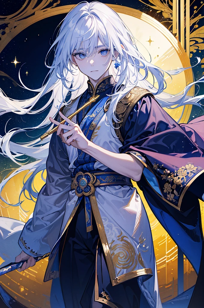 Man, Boy, Boy in late 20s, Man, BOY Create a highly detailed and majestic image of A Deity, God, White hair, White Eyes, White Pupil, the supreme ruler of the deities. He should be depicted as a powerful, radiant figure exuding an aura of divine authority. Indra has a tall, imposing stature with a commanding presence. His skin glows with an ethereal light, and his eyes are luminous, reflecting ancient wisdom and immense power. He wears a magnificent, golden crown adorned with intricate celestial patterns and glowing jewels. His long, flowing hair is dark and seems to shimmer with light. Indra's attire is elaborate, consisting of flowing robes made of shimmering, otherworldly fabric that looks like it's woven from pure light. The robes are decorated with celestial symbols and intricate designs that signify his supreme status. In his hand, Indra holds a glowing staff or scepter that radiates a brilliant light, symbolizing his control over cosmic forces. Surrounding him is a celestial backdrop featuring swirling galaxies, twinkling, 8K high quality, ultra defined, masterpiece, Golden Armor, Man, Strong, Celestial being, ultra high quality, masterpiece