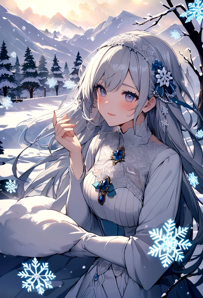 A snowy mountain,cloudy day,Large snowflakes