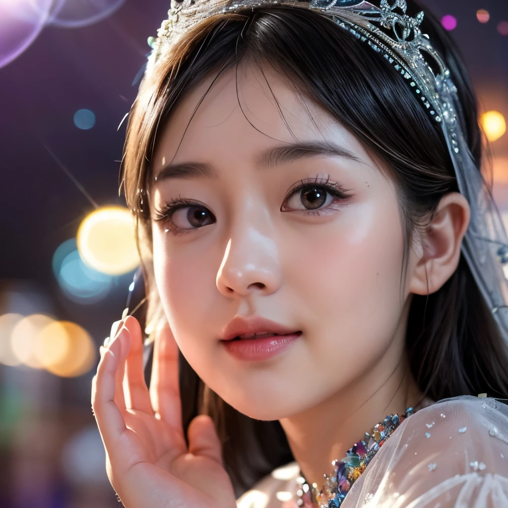 (Masterpiece TopQuality aesthetic Mystic:1.2), ExtremelyDetailed a KAWAII Bride (CloseUp from below:1.4) Radiant PearlSkin with Transparency (Acutance:0.8), (((Detailed NOGIZAKA FaceVariations))), Childish CaptivatingGaze ElaboratePupils with (SparklingHighlights:1.28), DoubleEyelids with (Voluminous LongEyelashes:0.88), Small GlossyRedLips with BeautifulDetails, PUNIPUNI RosyCheeks, Glowing DowneyHair . { (Dynamic Joyful expressions LifeLike Rendering:1.4) | (:d) } BREAK Background is Filled with Dazzling Blurred StainedGlass (BokeH:1.4) ExtremelyDetailed Elaborate Stained Glass Art, Colored Glass, Lead Line, Light transmission Bright colors, intricate designs, luminous effect, Spiritual atmosphere . {HiddenHand|Corrected BabyLikeHand} (FacingAway)