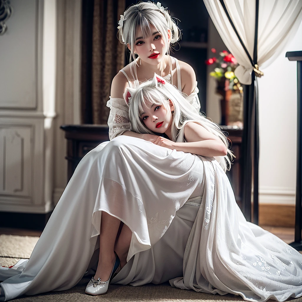 A gray-haired girl with very white skin and very red lips, wearing a white dress with blue embroidery, who is hugging a white Persian cat with black spots.