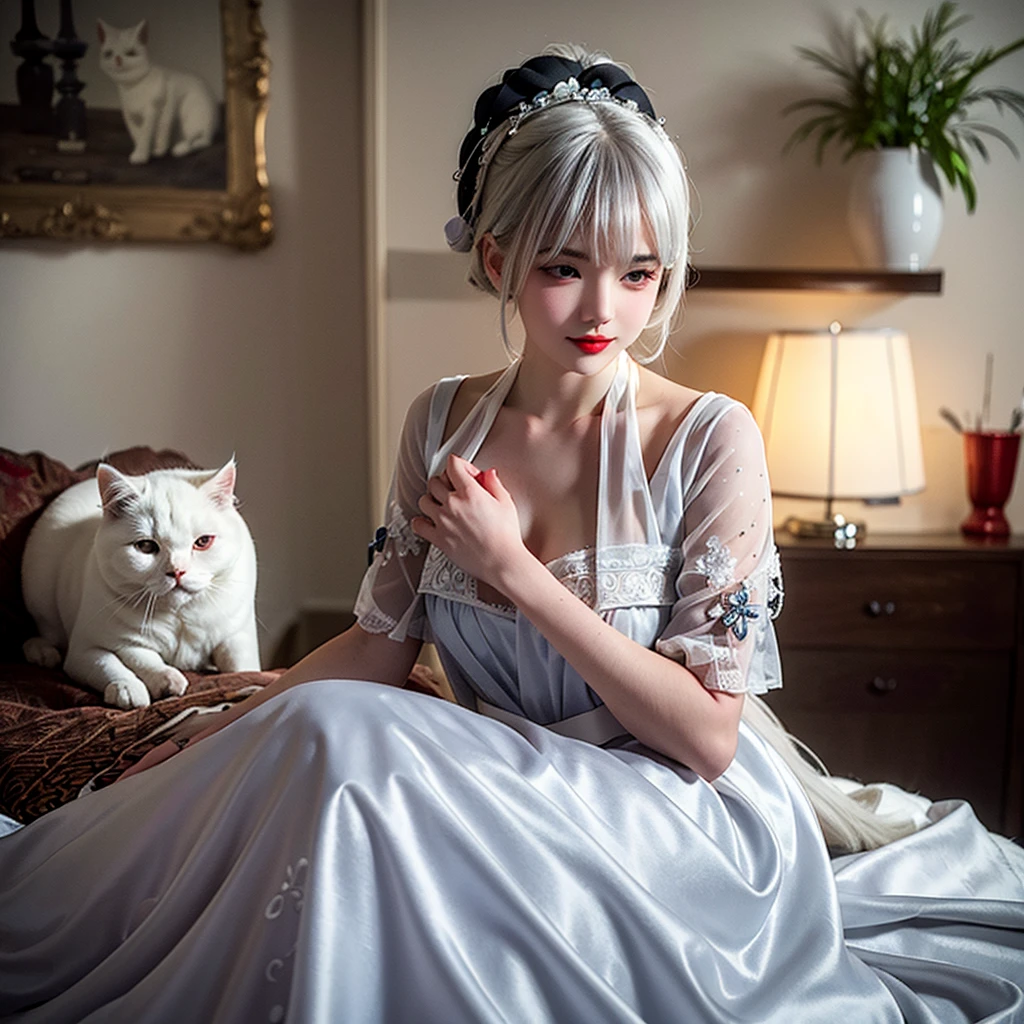 A gray-haired girl with very white skin and very red lips, wearing a white dress with blue embroidery, who is hugging a white Persian cat with black spots.