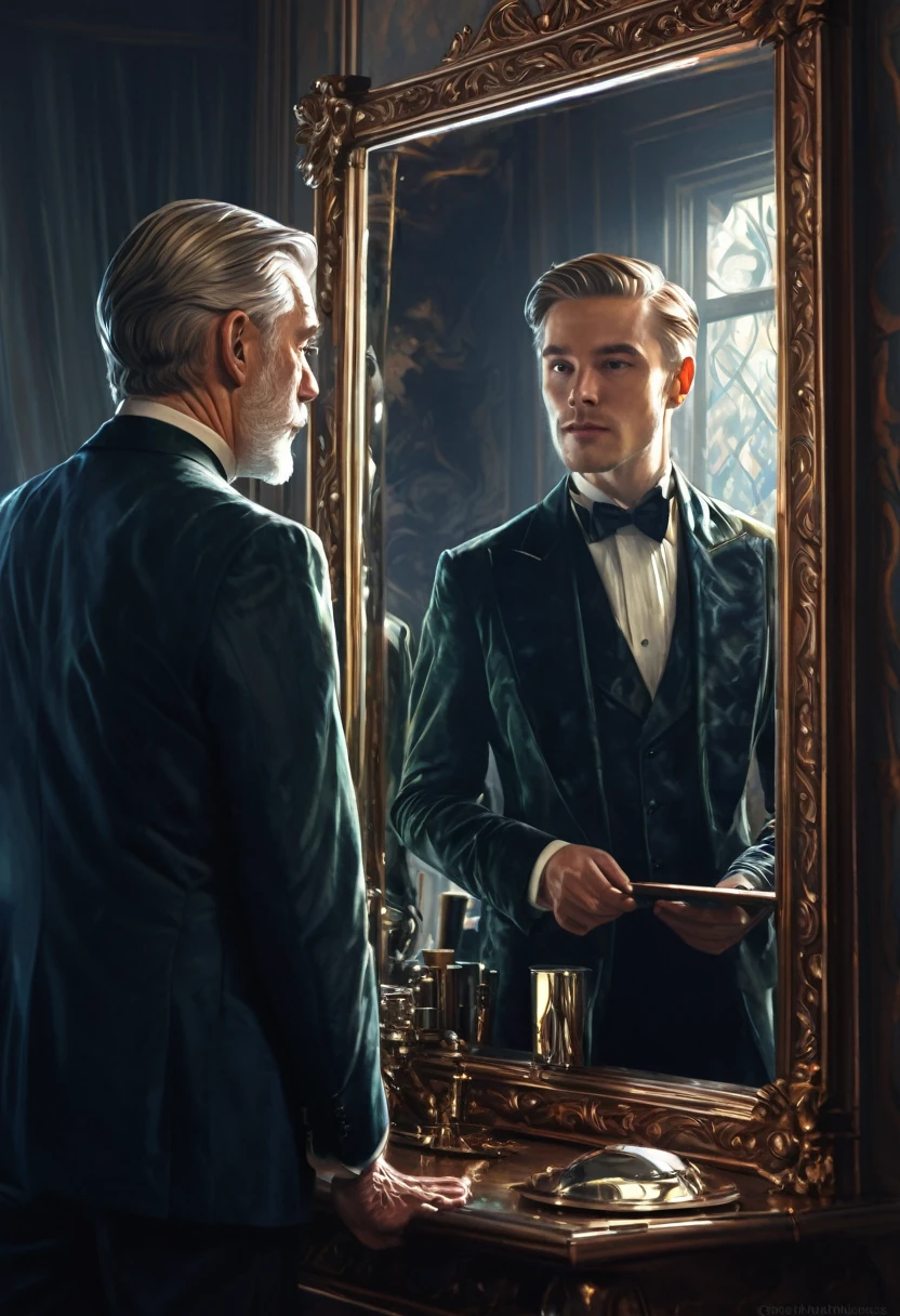 An old man looks into a mirror and a young and handsome young man is reflected, magical reflection mirror reflections, complex, elegant, highly detailed, digital painting, smooth, sharp focus, illustration, styled by Dan Mumford and Craig Mullins