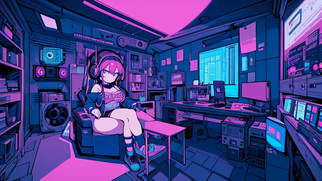 Best quality, (masterpiece), best detail face,1 girl, big breasts, 18 yo, 8k,absurdres,unity 8k wall paper,(extremely detailed:1.3), highest realistic, (retro headphones:), (soft neon light:), (psychedelic), Her room full of music equipment and plants, sports wear , See the whole room, She is leaving the room, dark blue color palette
