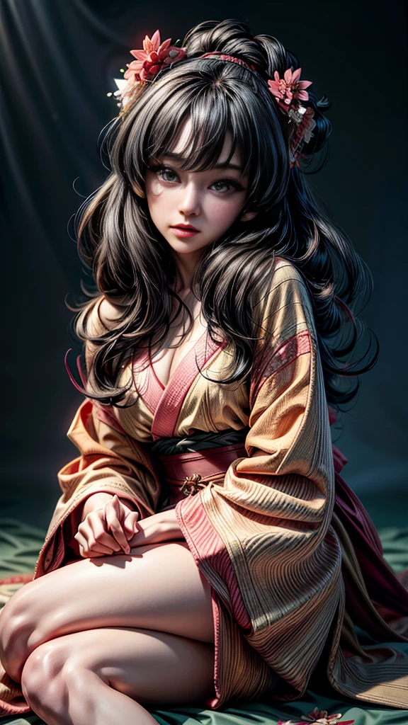 Ultra detailed,ultra high resolution,ultra high definition, octane renderings, cinematic shot, maximum sharp focus,depth of field, 1 stunningly beautiful black hair woman with bangs ,close up,proper ways wearing pink kimono, full body, sitting on a tall tree, long hair , wide shot , japanese ink , perspective from from below, gradient, anime (art by Hiroshi Yoshida Hiroshi Nagai) BREAK red flowers