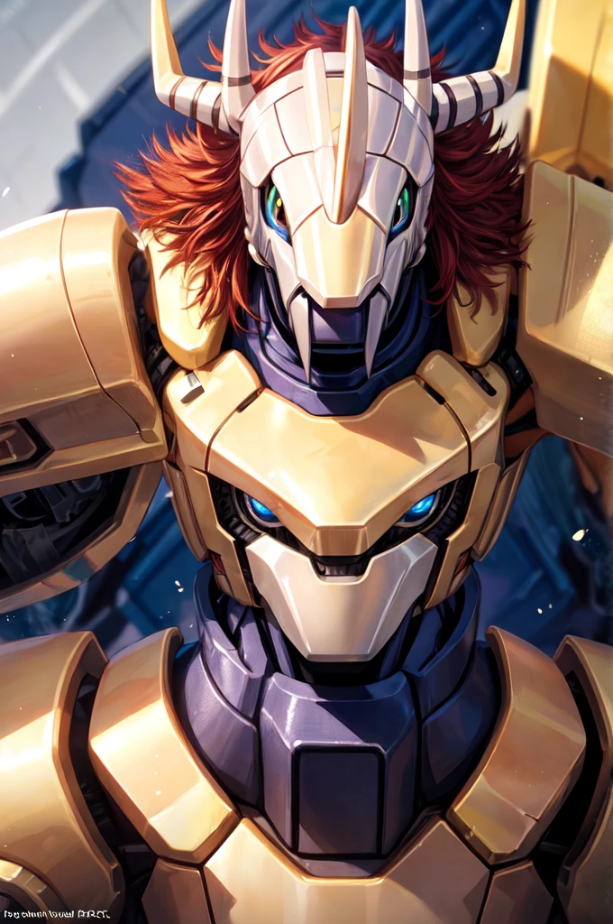 Masterpieces,official art,anthro,male,(wargreymon:1.2),Delicate face,Delicate eyes,helmet, armor, horn, digimon, upper body, depth of field, perfect lighting, light particles,(best quality),(masterpiece),(ultra detailed),sharp focus,light particles
