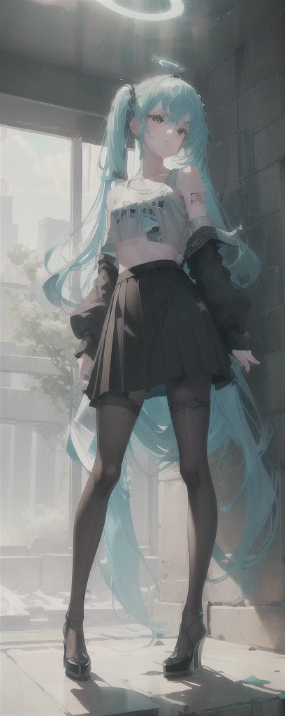 (QUALITY:0)
8k, 8k wallpaper, (an extremely delicate and beautiful:1.1), (beautiful detailed eyes:1.3), (best illustration:1.1), (best quality:1.3), (best shadow:1.1), (cinematic lighting:1.2), detailed eyes, (detailed_light:1.1), (dreamy:1.1), (extremely detailed CG unity 8k wallpaper:1.1), highres, (masterpiece:1.3), official_art, ray tracing, (stylized:1.3), trending on artstation, (ultra_detailed:1.2)
(STYLE & COMPOSITION:0)
1girl, (from_below, full_body:1.4), solo
(POSE & EXPRESSION:0)
blush, head_tilt, legs_apart, lips_apart, looking_at_viewer, standing, unamused
(CHARACTER:0)
aqua_eyes, aqua_hair, aqua_twintails, argyle_pantyhose, black_pantyhose, bare_shoulders, black_shirt, black_sirt, breasts_apart, crop_top, cropped_shirt, collarbone, Hatsune_Miku, high_heels, high-waist_skirt, lips, long_sleeves, makeup, (messy_hair:1.2), plaid_skirt, shiny_hair, shrug_\(clothing\), (small_breasts:1.3), very_long_hair
(BACKGROUND:0)
(TEXTUAL INVERSION:0)