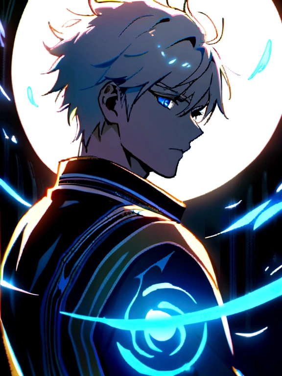 1boy, gojo satoru, blue eyes, white hair, handsome, magic light, blue circle magic, powerfull, dramatic light