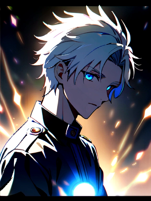 1boy, gojo satoru, blue eyes, white hair, handsome, magic light, blue circle magic, powerfull, dramatic light